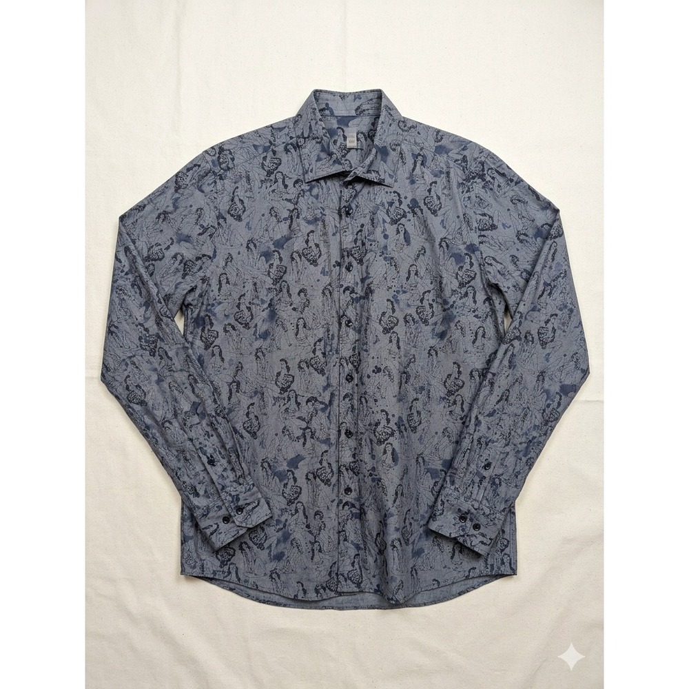 Bertigo Mens XL Blue Grey Pin-Up Girl Novelty Print Cotton Long Sleeve Shirt